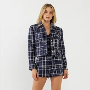 ENGLISH FACTORY blue white tweed plaid cropped blazer jacket NWOT sz L coquette